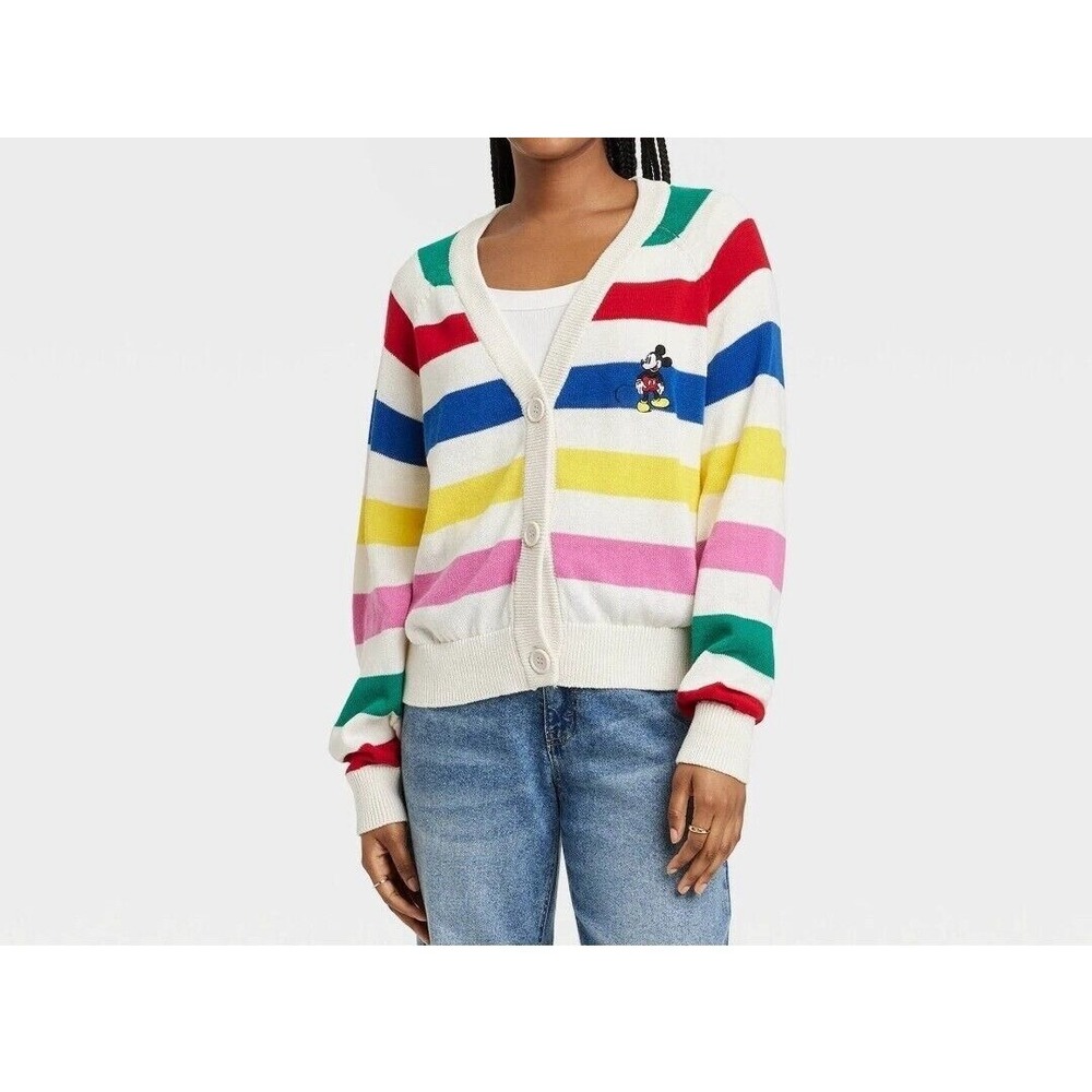 Disney 100 Button Up Cardigan Womens M Retro Stripes Cotton Mickey Mouse Icon